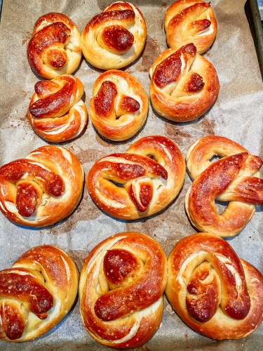 Baking pan of soft pretzels